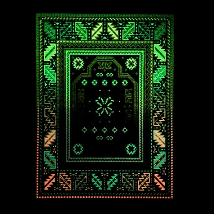 Decorative rug with geometric pattern on a black background.