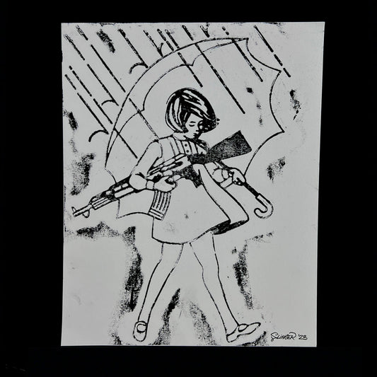 A ink relief print on paper depicting a figure holding a gun, with a signature and the date '2019' visible.