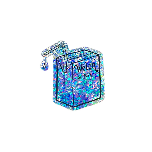 Glittery juice box sticker with 'Welch' branding on a white background