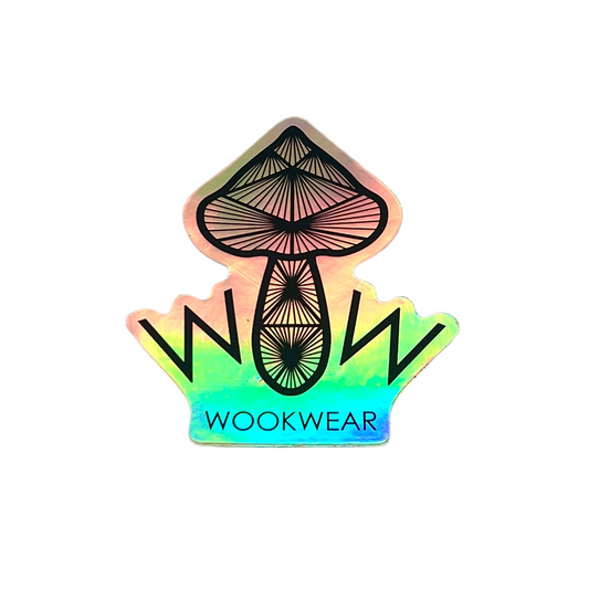 Holographic 'WOW Wookwear' sticker with mushroom design on a white background.