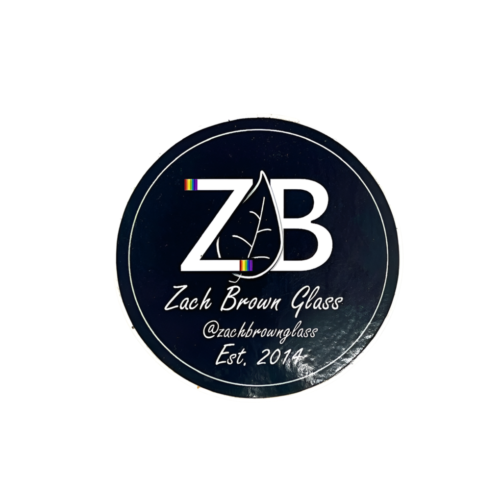 Round sticker with 'ZB Zach Brown Glass' logo and text on a white background.