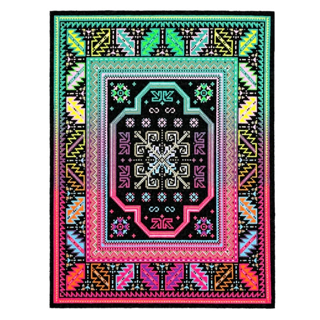 A multicolored geometric patterned rug with a bold border.