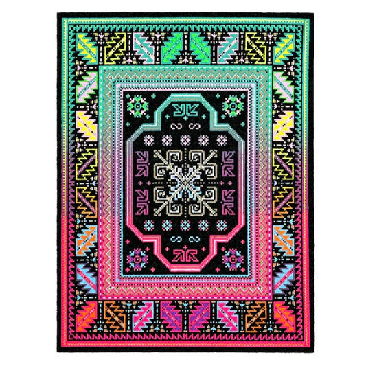 A multicolored geometric patterned rug with a bold border.