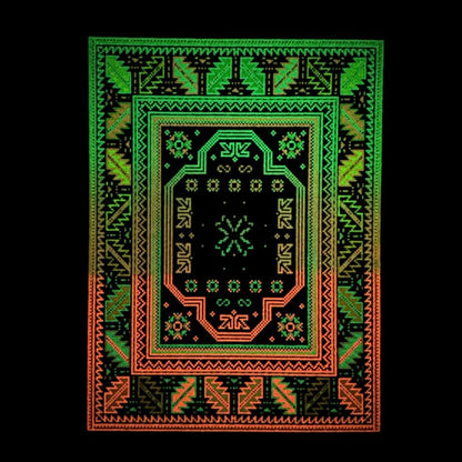 A glowing multicolored geometric patterned rug with a bold border.