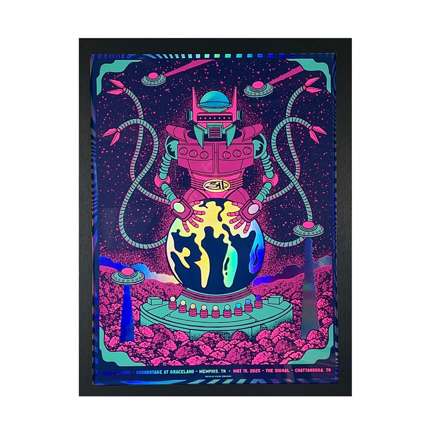 Colorful poster with a robot and alien design on a dark background