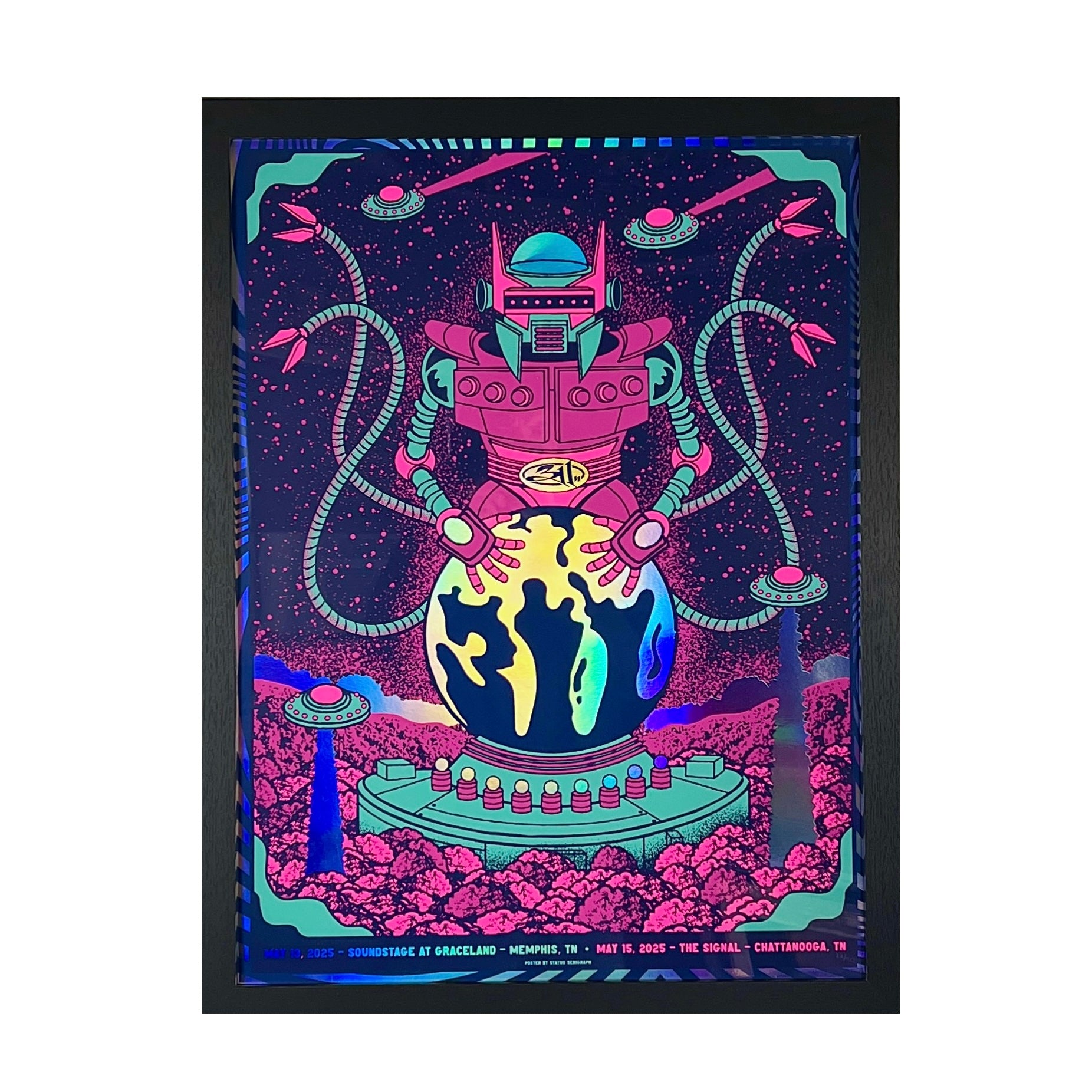 Colorful poster with a robot and alien design on a dark background