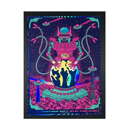 Colorful poster with a robot and alien design on a dark background