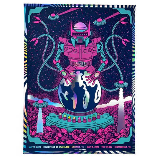 Colorful 311 poster with a robot and futuristic design elements on a purple background.