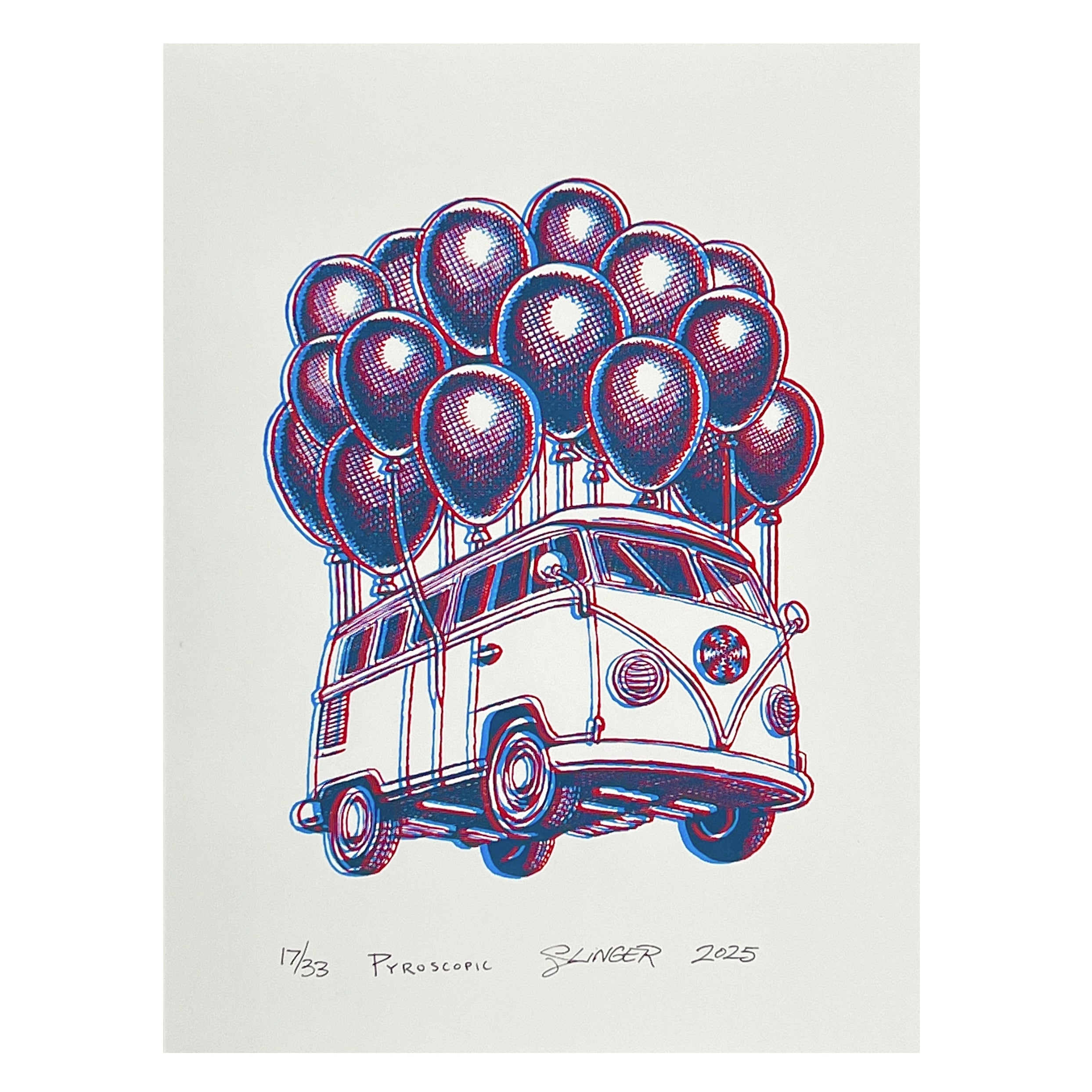 Illustration of a van with balloons on a white background