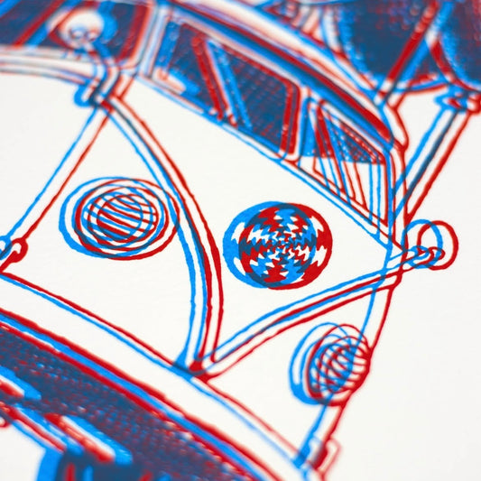 Close-up of a stylized car illustration with red and blue lines on a white background