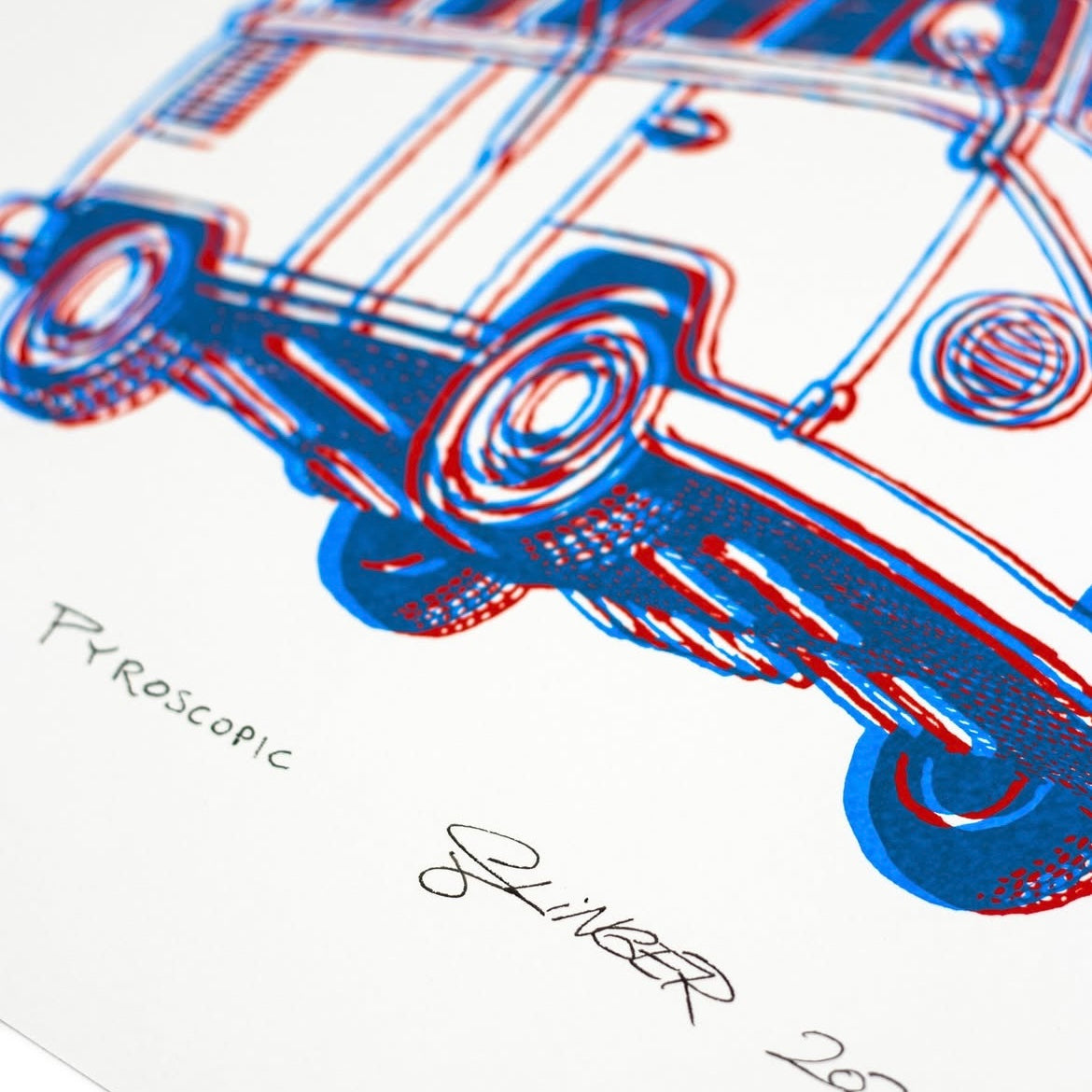 Artistic depiction of a car in blue and red on a white background, with 'Pyroscopic' and 'Slinger' text.