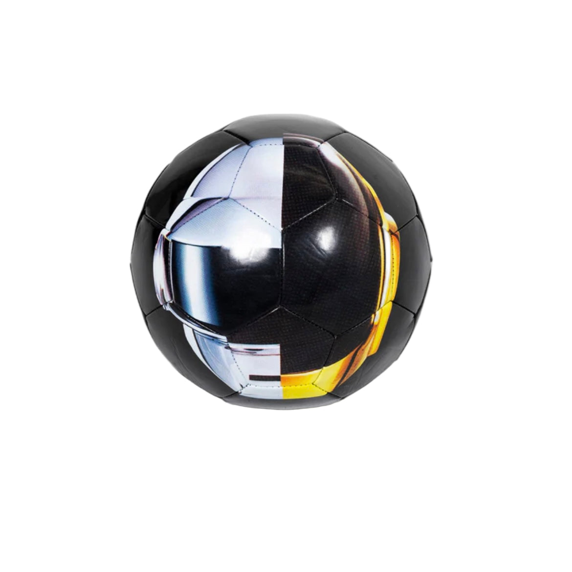 Black and reflective soccer ball on a white background
