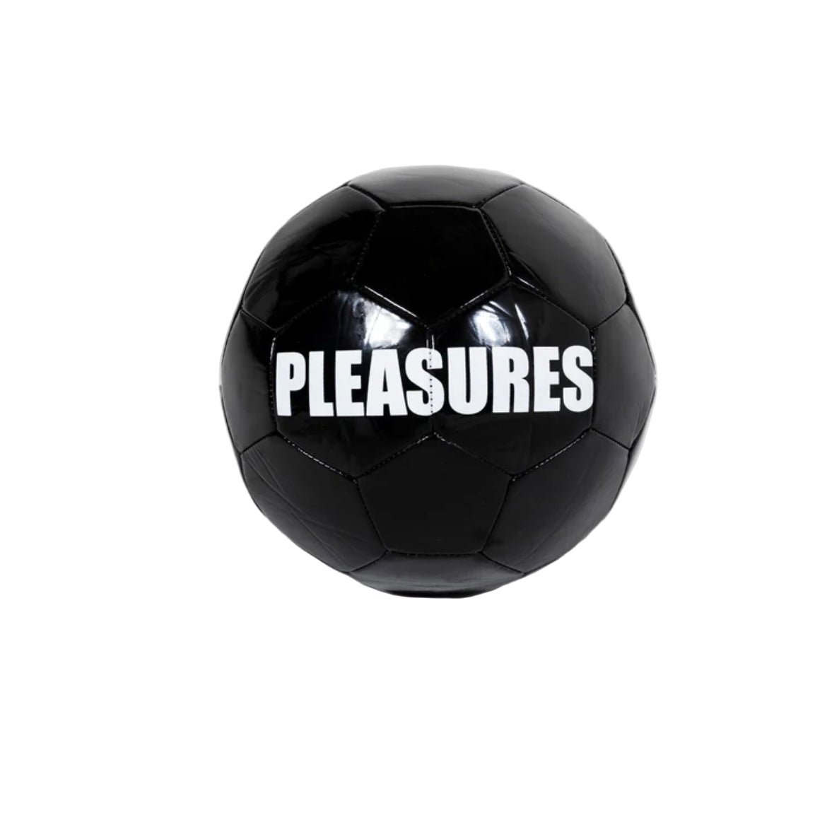 Black soccer ball with 'PLEASURES' text on a white background