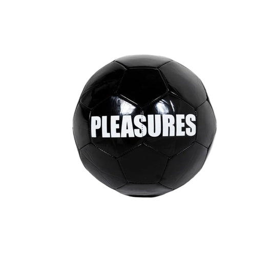 Black soccer ball with 'PLEASURES' text on a white background