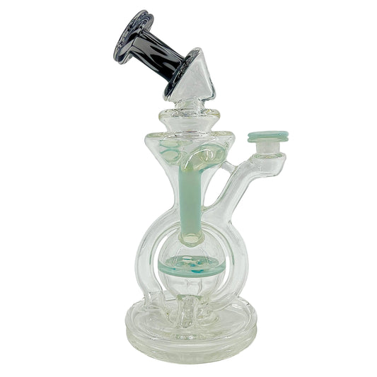 Glass smoking device with black top and clear body on a white background.