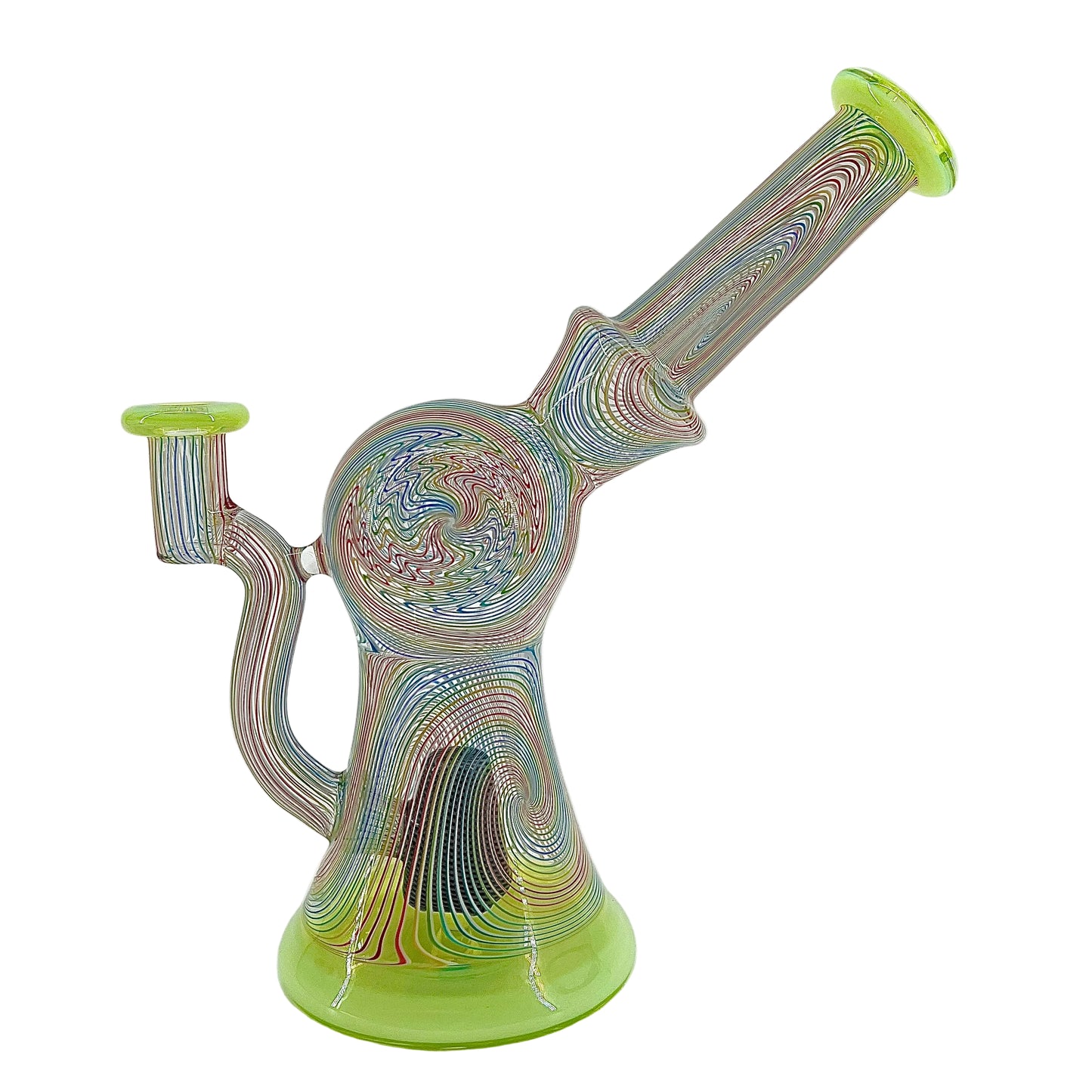 Colorful glass smoking device with a white background.