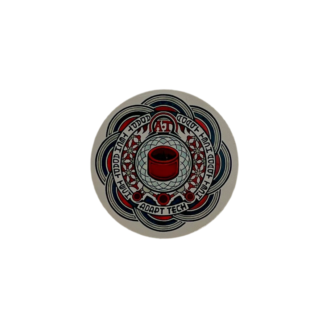 Circular sticker with intricate design and text on a white background.