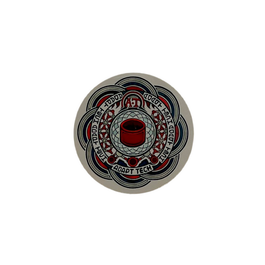 Circular sticker with intricate design and text on a white background.