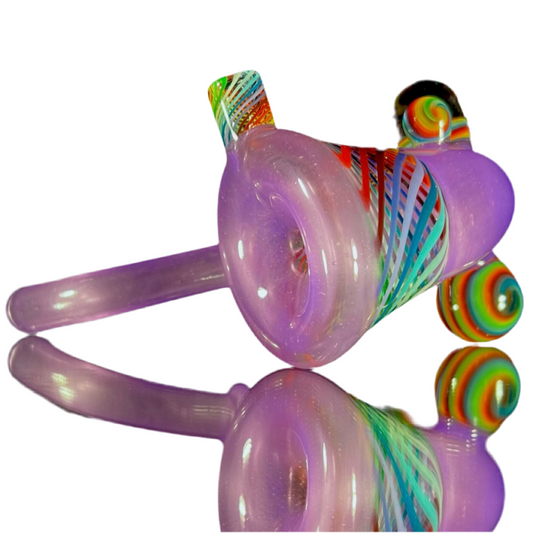 A hand-blown glass pipe with pastel rainbow stripes and a unique design, featuring a rounded body, two protruding stems, and a multicolored tip.