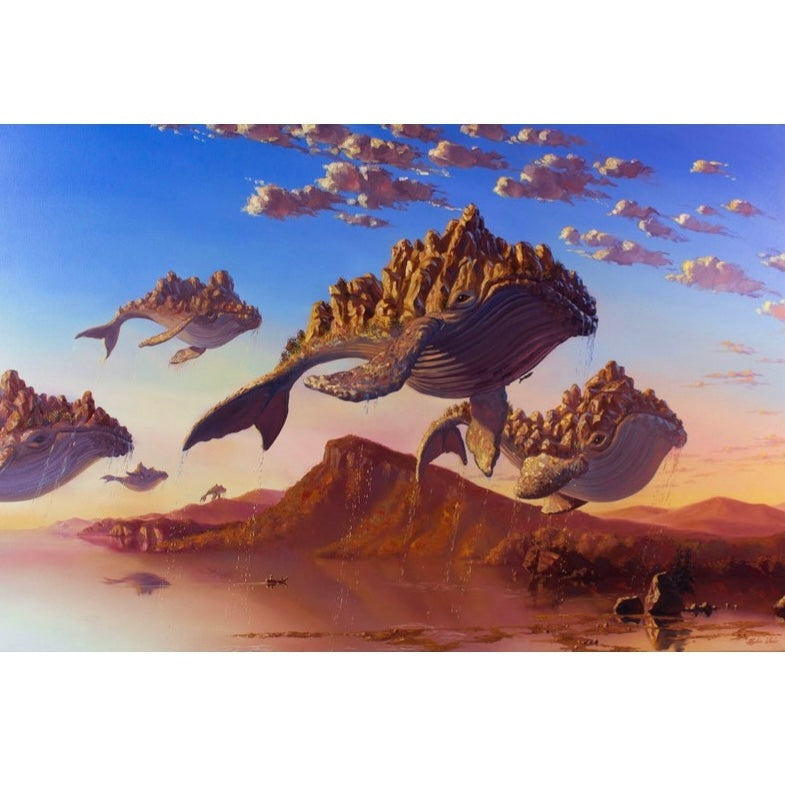 A pod of whales swimming over a body of water, depicted in an imaginative, painted style with a colorful sky and mountains in the background.