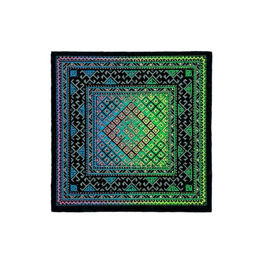 Colorful mat with geometric pattern on a white background