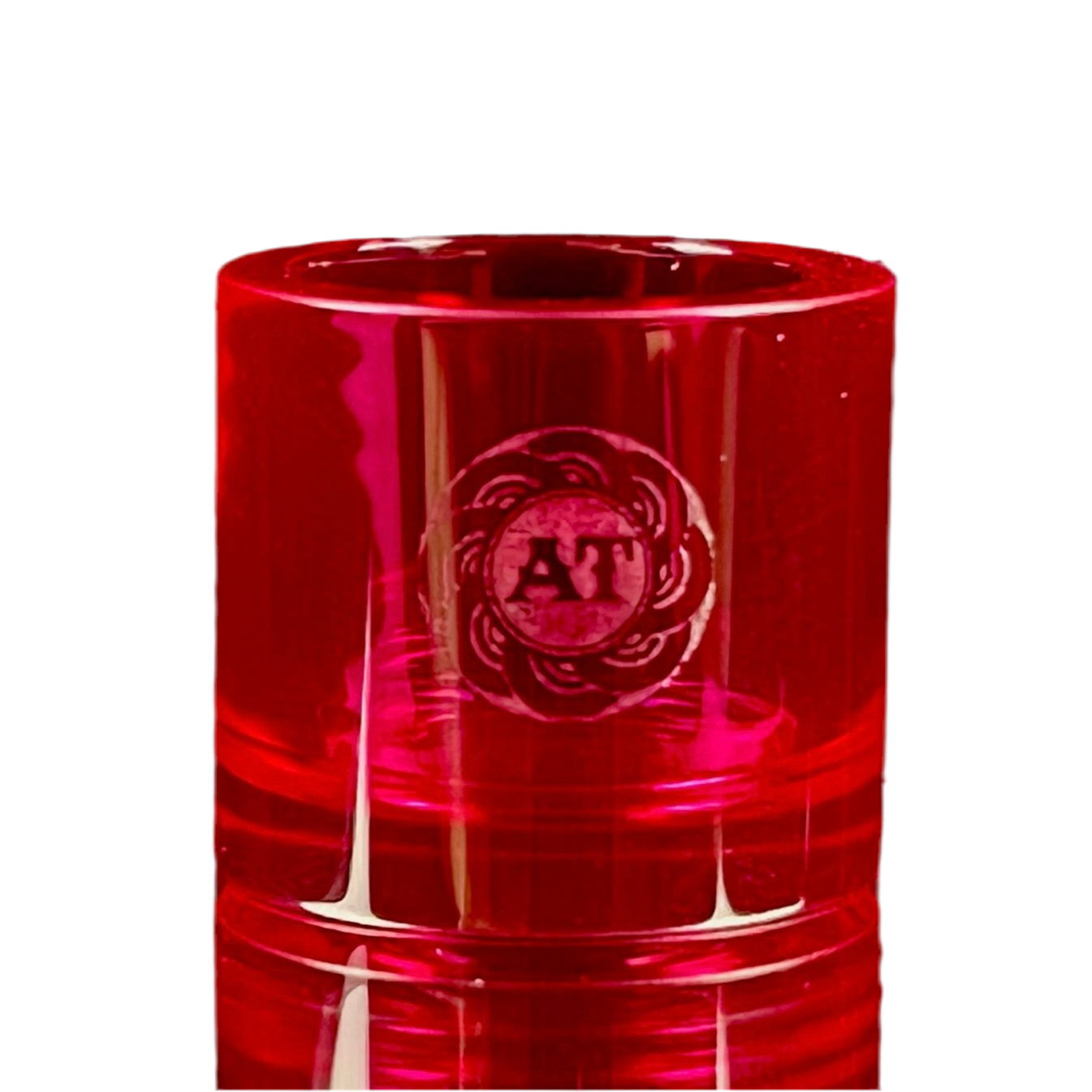 Red cylindrical ruby insert with a logo on a white background.
