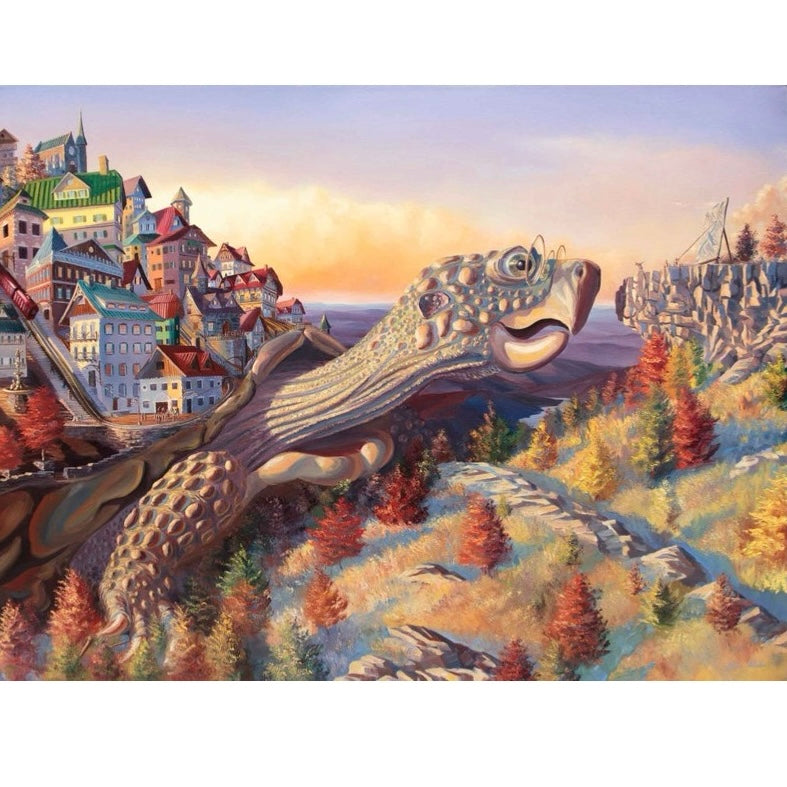 A framed artwork print depicting a turtle with a city on its back, set against an autumnal landscape with colorful trees and a blue sky.