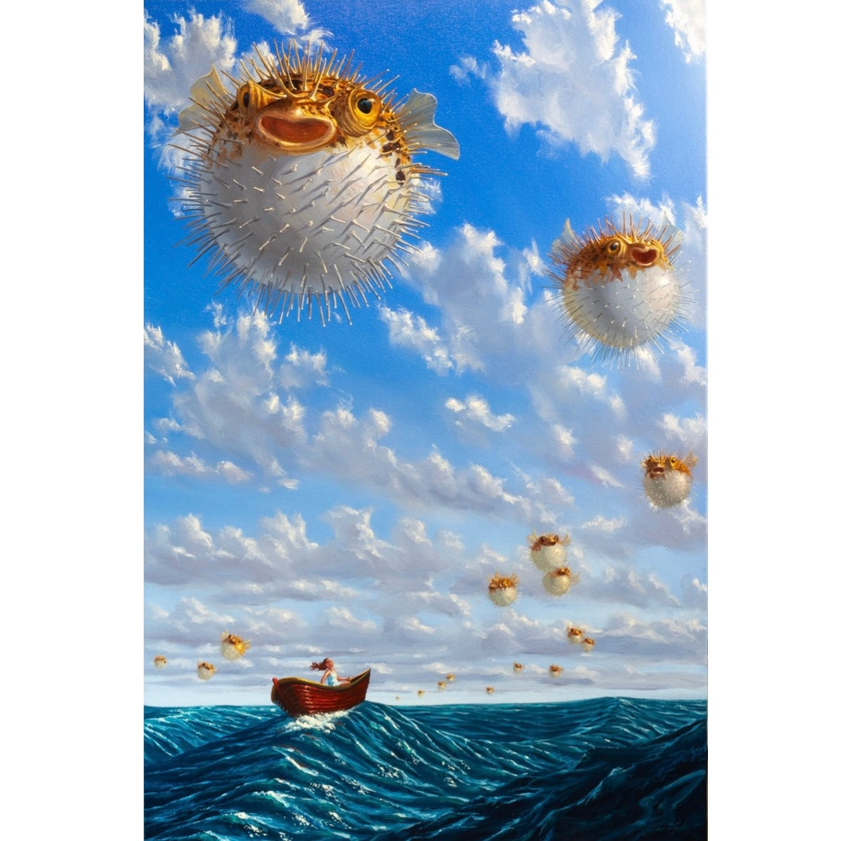A humorous painting featuring balloon-like fish floating in the sky with a boat on the ocean below.