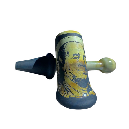 Decorative item with blue and yellow design on a white background.