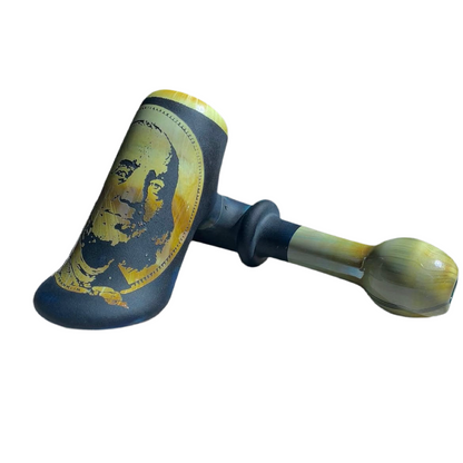 Decorative item with blue and yellow design on a white background.