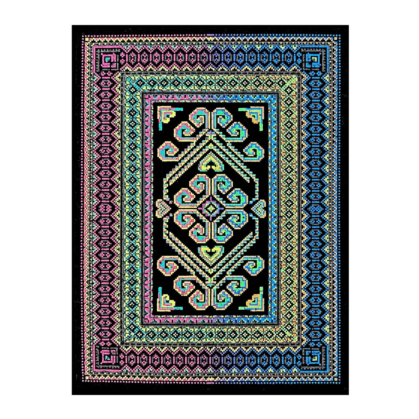 A colorful geometric patterned rug with a black border and vibrant interior design, featuring shades of blue, pink, and green.