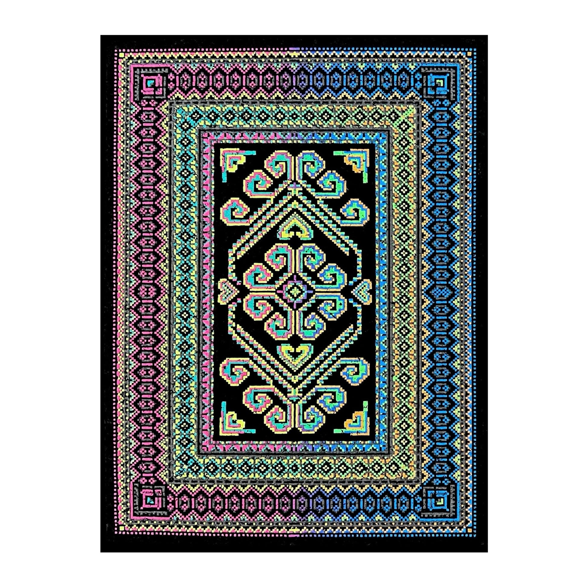 A colorful geometric patterned rug with a black border and vibrant interior design, featuring shades of blue, pink, and green.