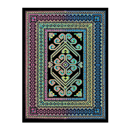 A colorful geometric patterned rug with a black border and vibrant interior design, featuring shades of blue, pink, and green.