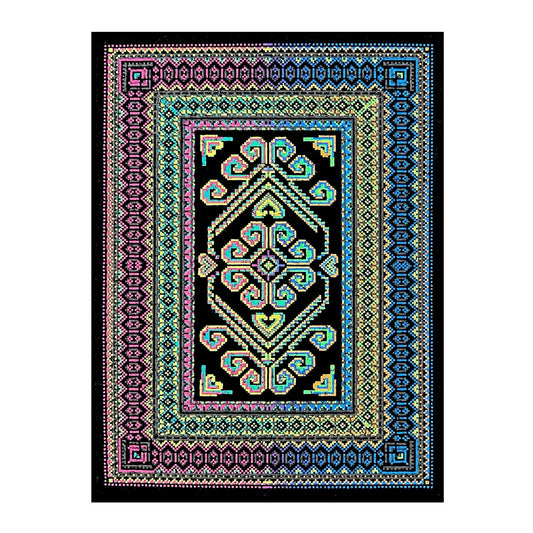 A colorful geometric patterned rug with a black border and vibrant interior design, featuring shades of blue, pink, and green.