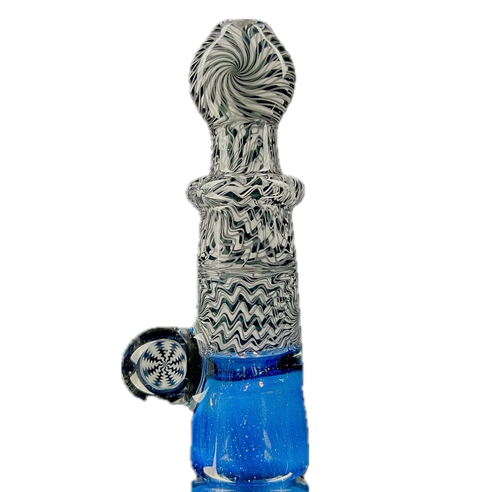A glass one-hitter pipe with black and white geometric patterns on the body and a blue colored bowl.