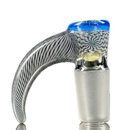 A handcrafted glass piece with a blue stardust over pink slyme lip and black and white hypnotech design.