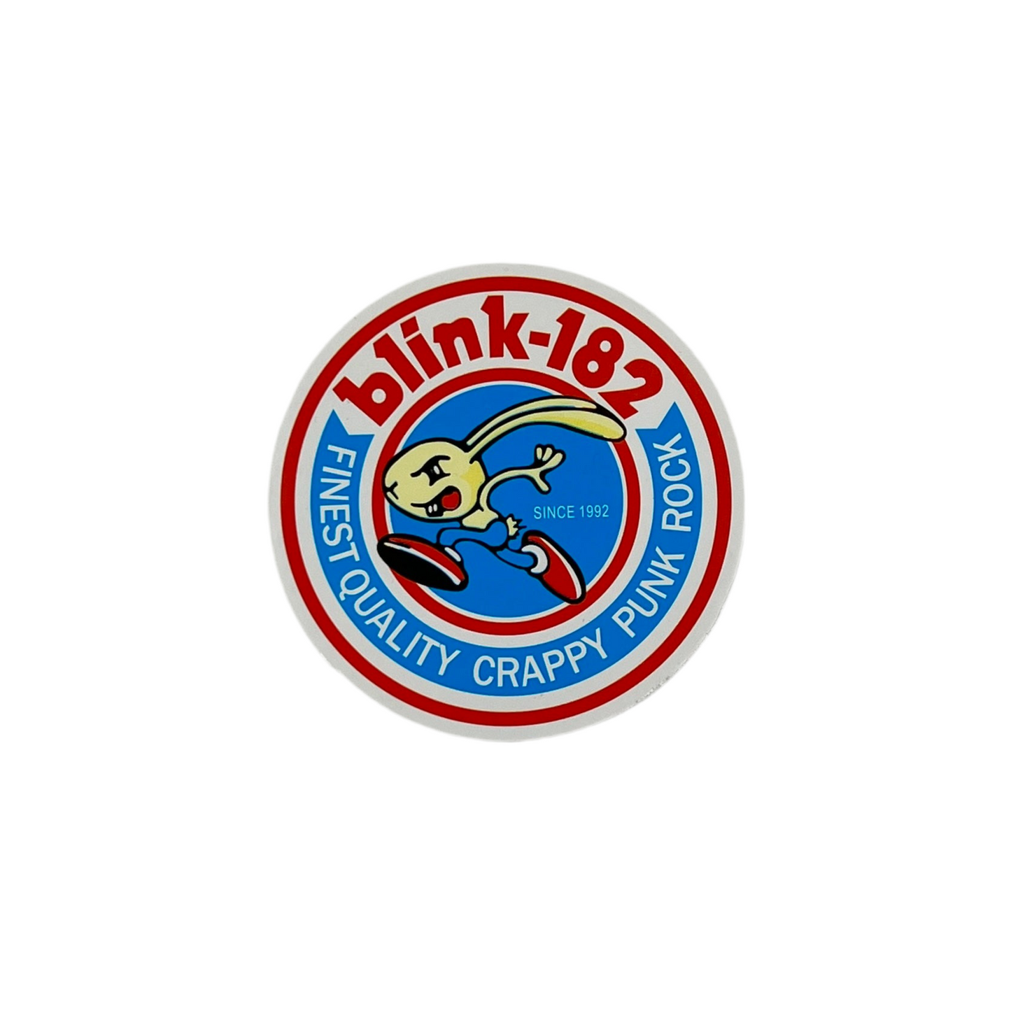 Round sticker with 'blink-182' logo and text on a white background.