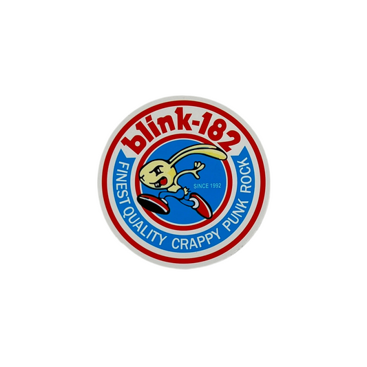 Round sticker with 'blink-182' logo and text on a white background.