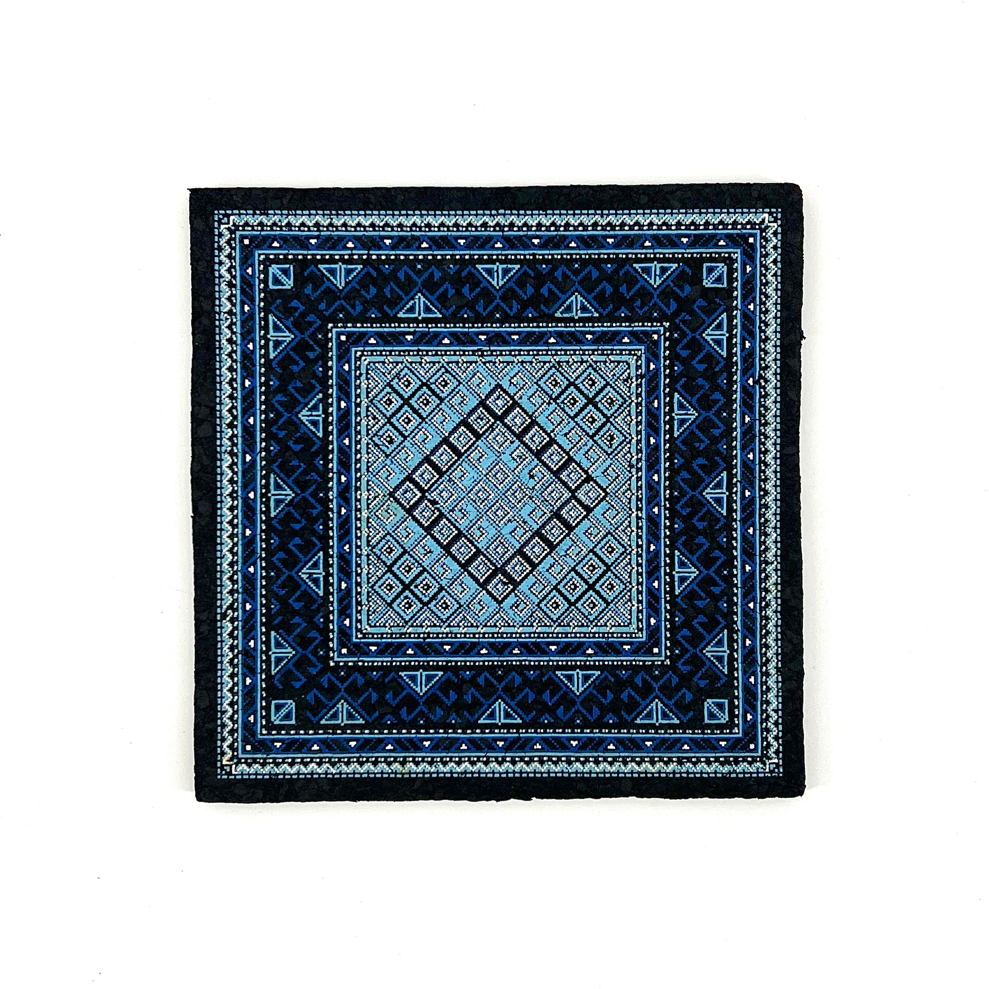 Blue mat with geometric pattern on a white background