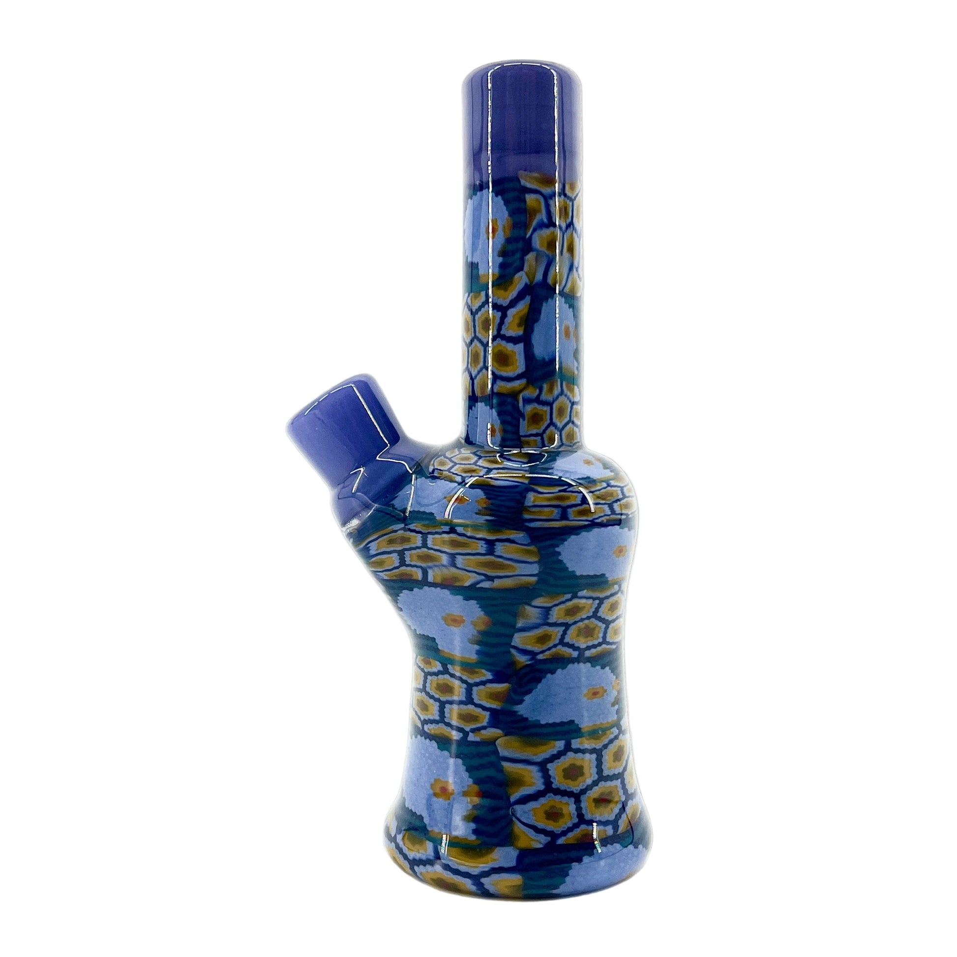 Blue and yellow patterned glass mini tube on a white background.