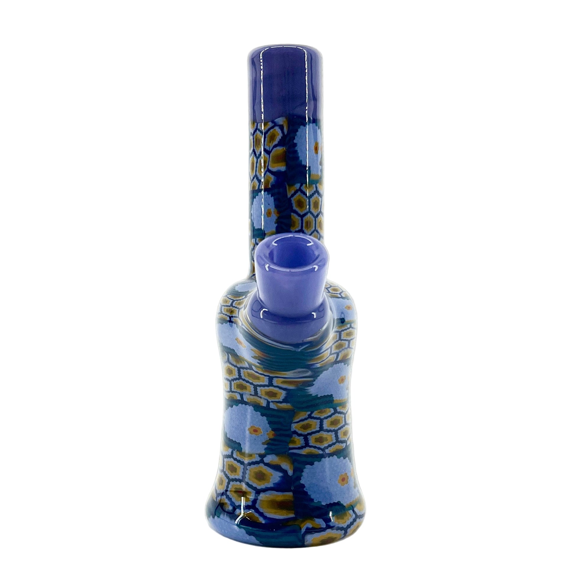 Blue and yellow patterned glass mini tube on a white background.