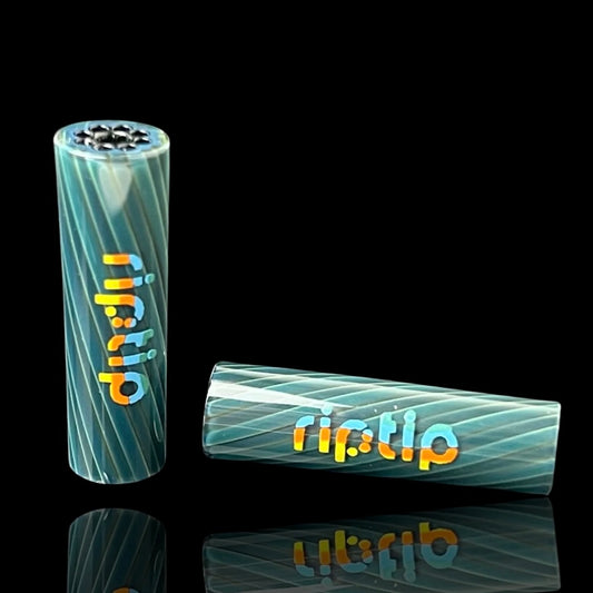 Two cylindrical glass rip tips with blue and green stripes and the brand name 'ripTip' displayed prominently.