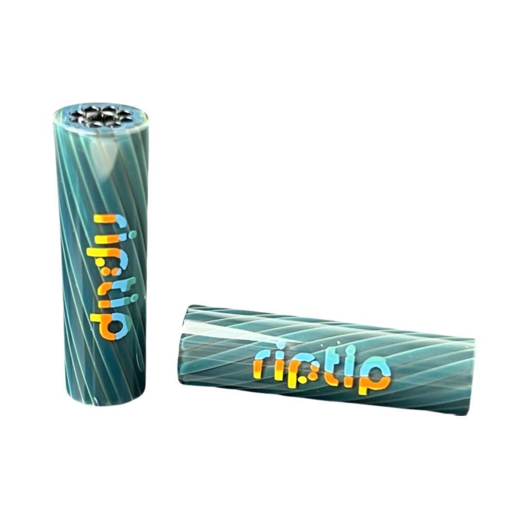 Two cylindrical glass rip tips with blue and green stripes and the brand name 'ripTip' displayed prominently.