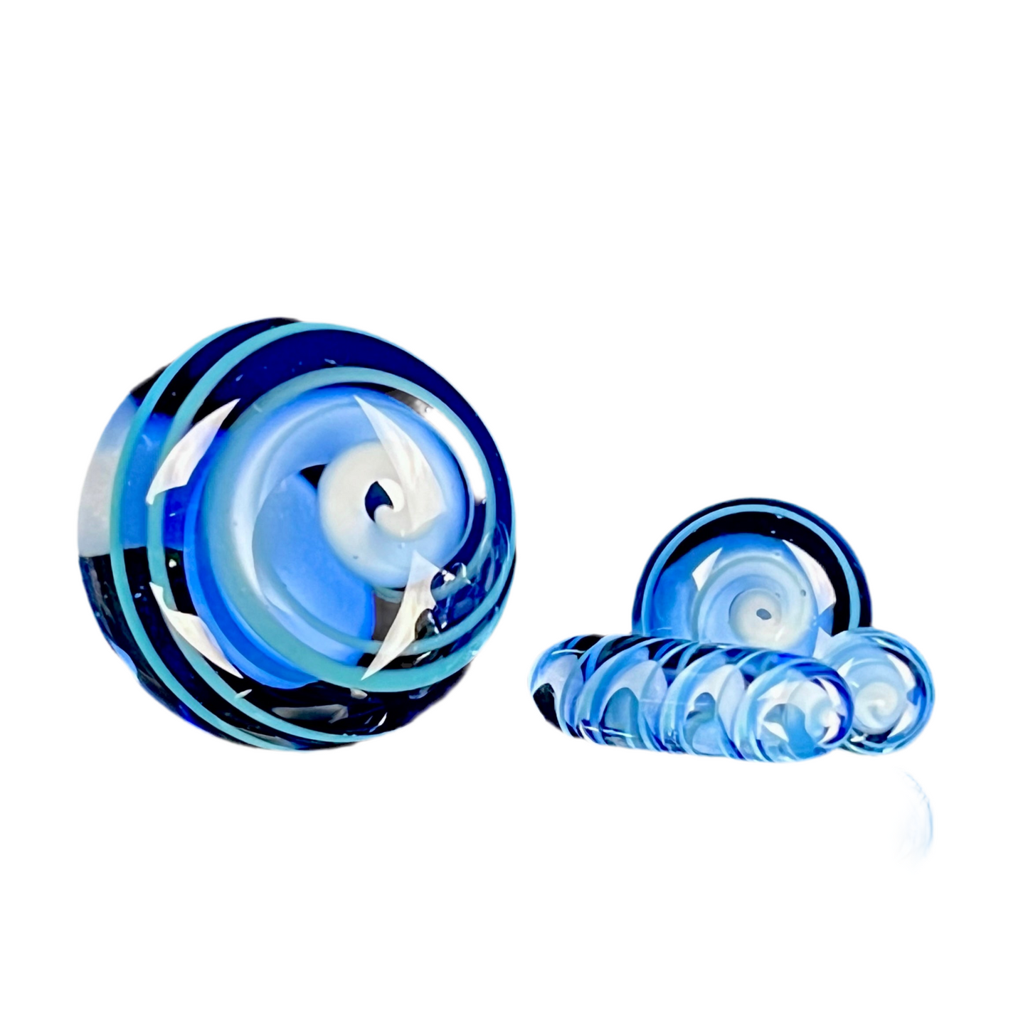A set of blue glass accessories with spiral patterns, including a top marble, valve marble, pearl, and a pillar.