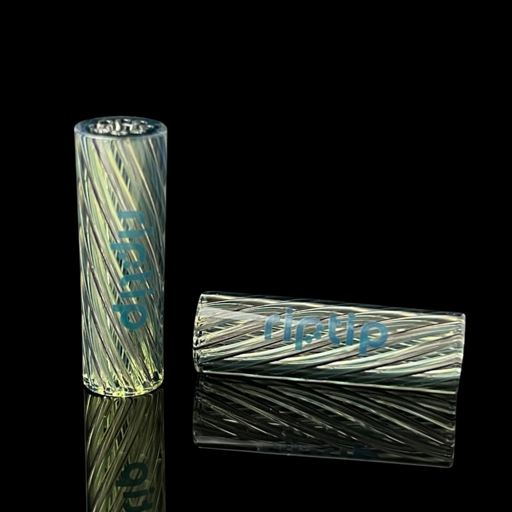 Two glass RipTip tubes with a twisted blue and green color pattern.