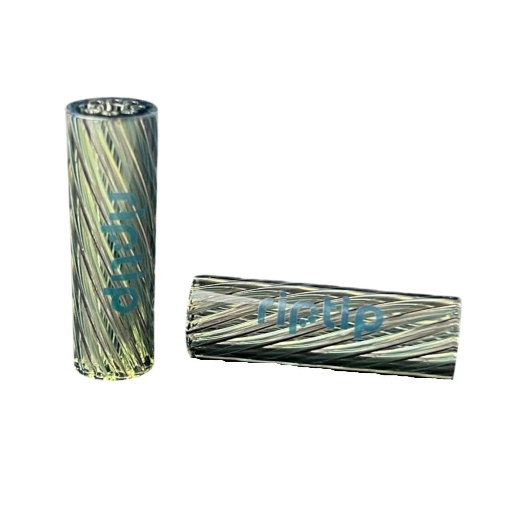 Two glass RipTip tubes with a twisted blue and green color pattern.