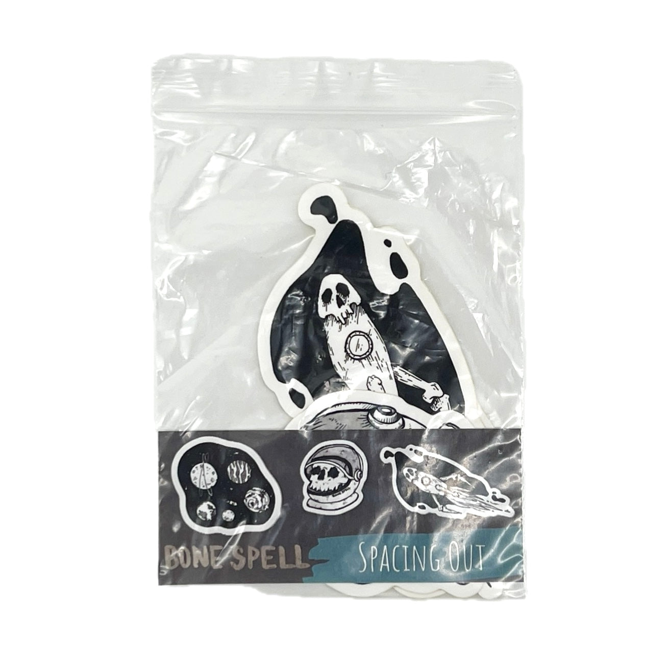 Packaged stickers with skull designs on a white background.