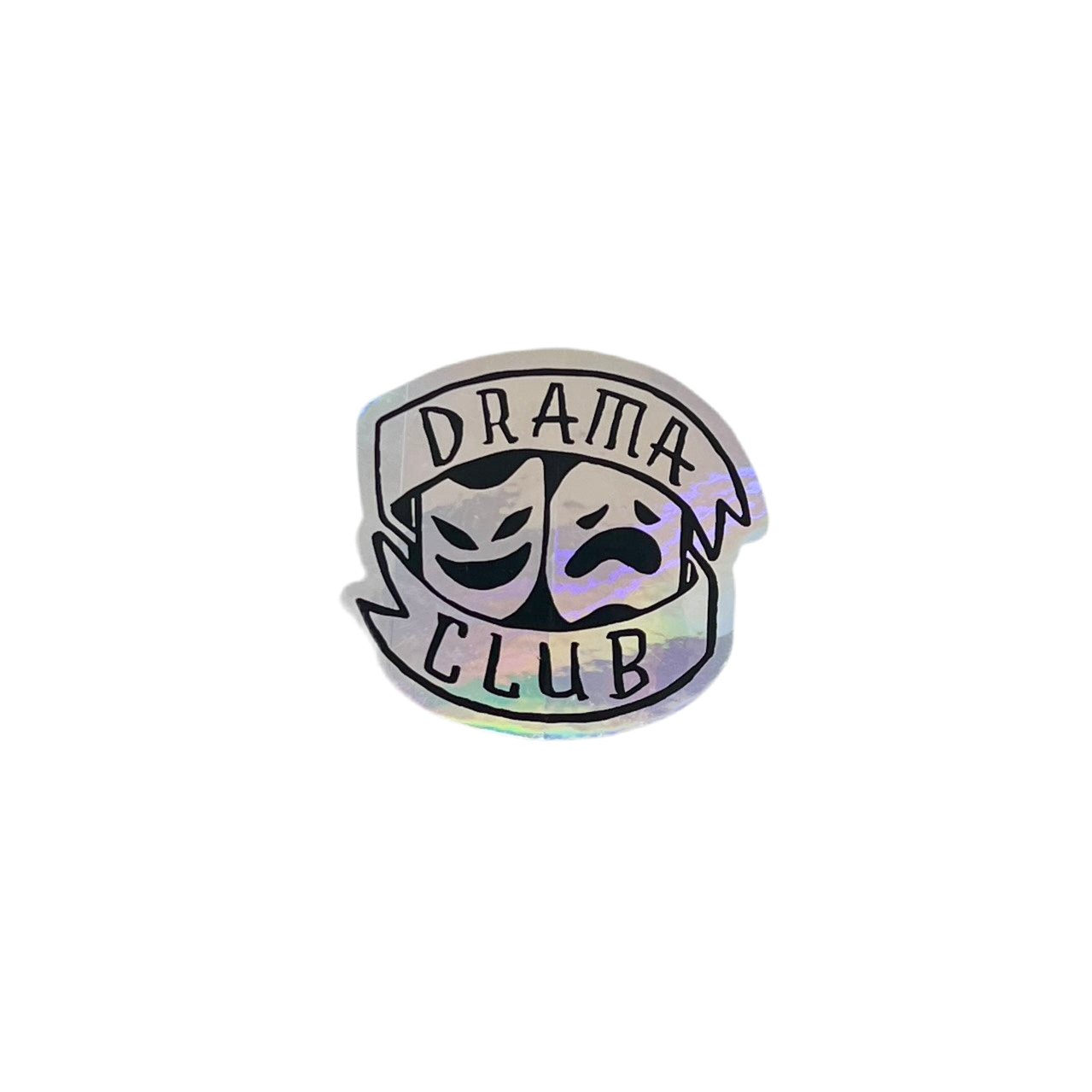 Holographic 'Drama Club' sticker with theater masks on a white background.