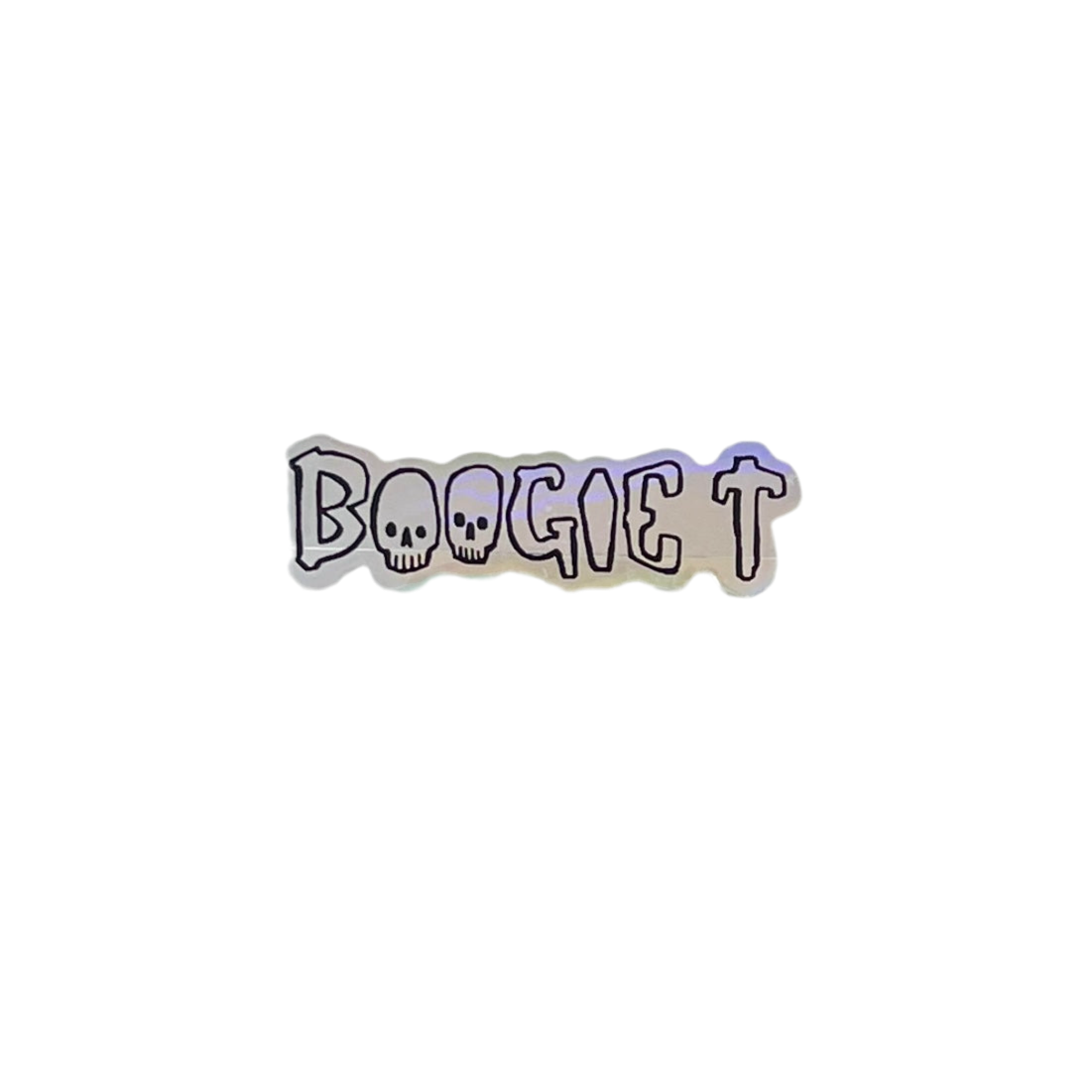 Holographic 'BOOGIE T' sticker with skull design on a white background.