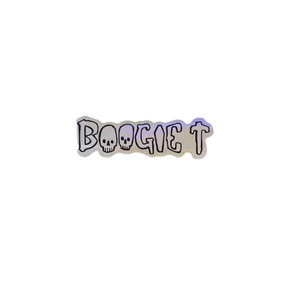 Holographic 'BOOGIE T' sticker with skull design on a white background.
